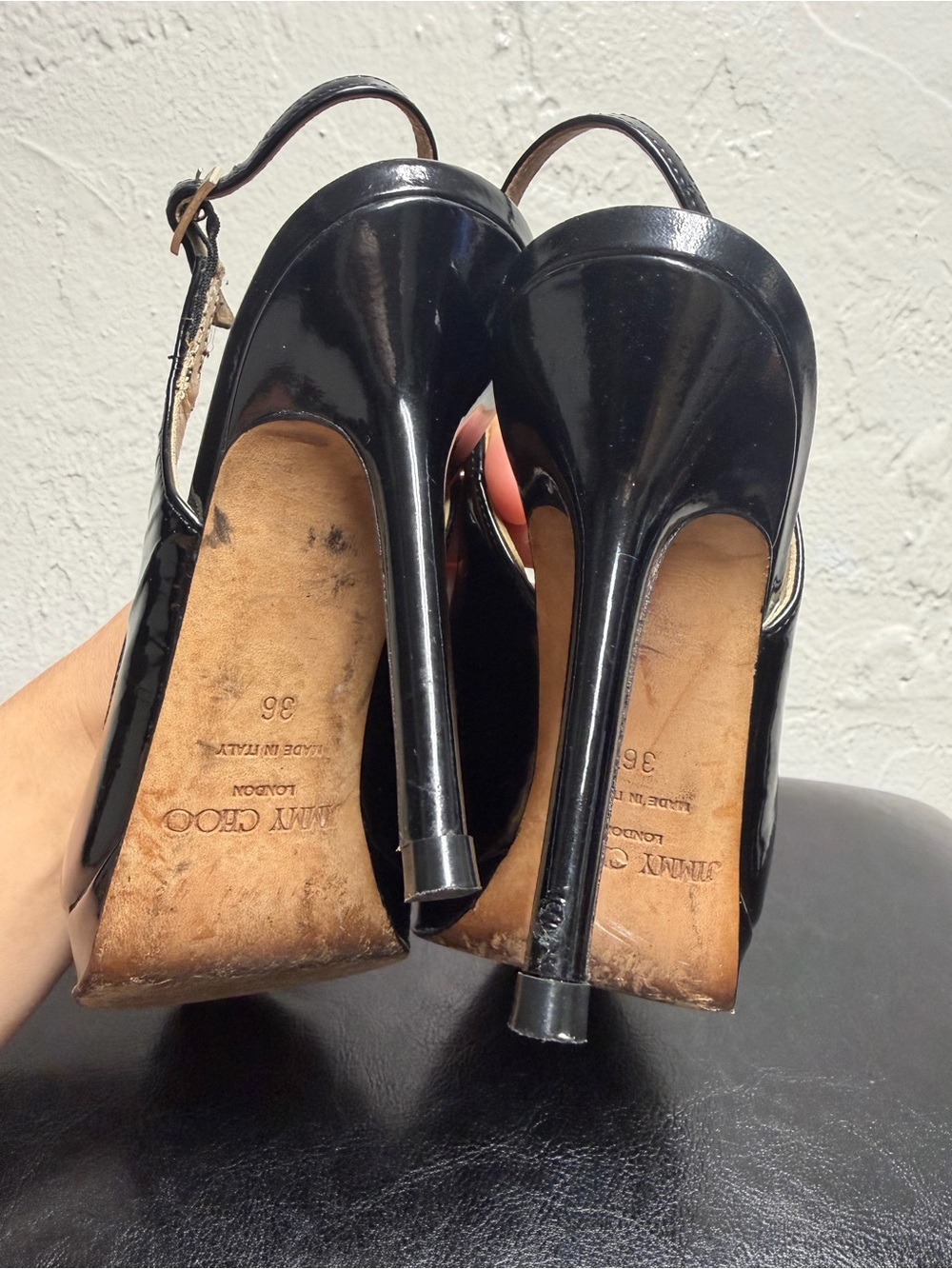 Jimmy Choo Black Patent Leather Peep-Toe Slingback Heels - Picture 15 of 15